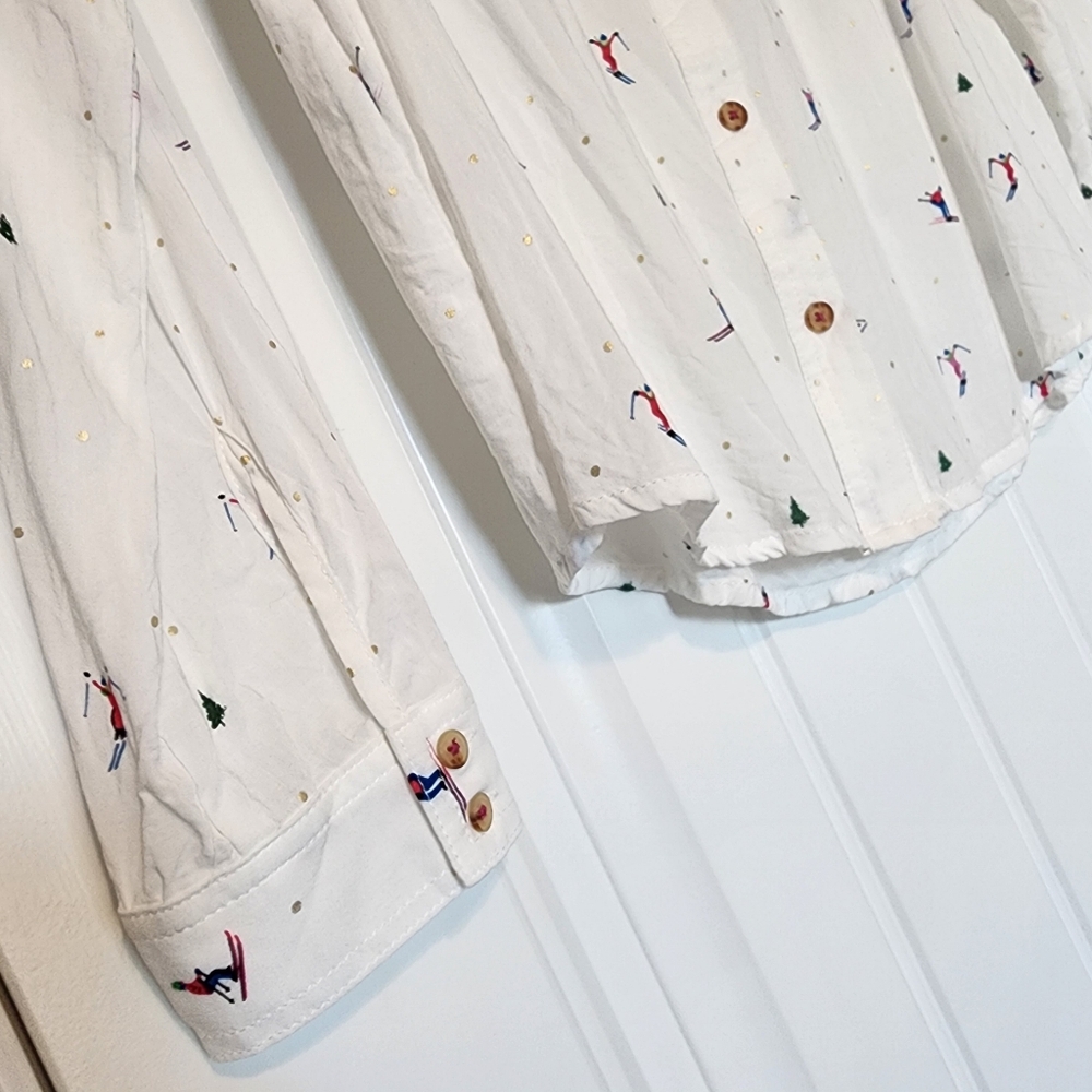 Anthropologie 23 of 52 Conversations Novelty Ski Winter Scene Button Up Blouse - Picture 4 of 15